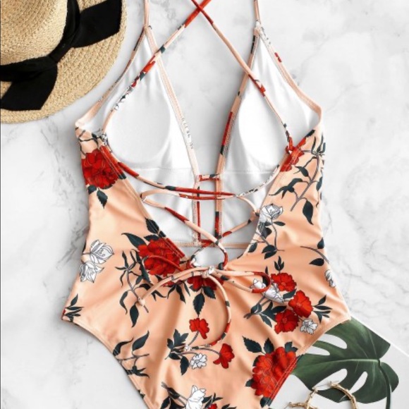 ZAFUL Lace Up Floral Print One-piece Swimsuit- XL - Picture 2 of 7